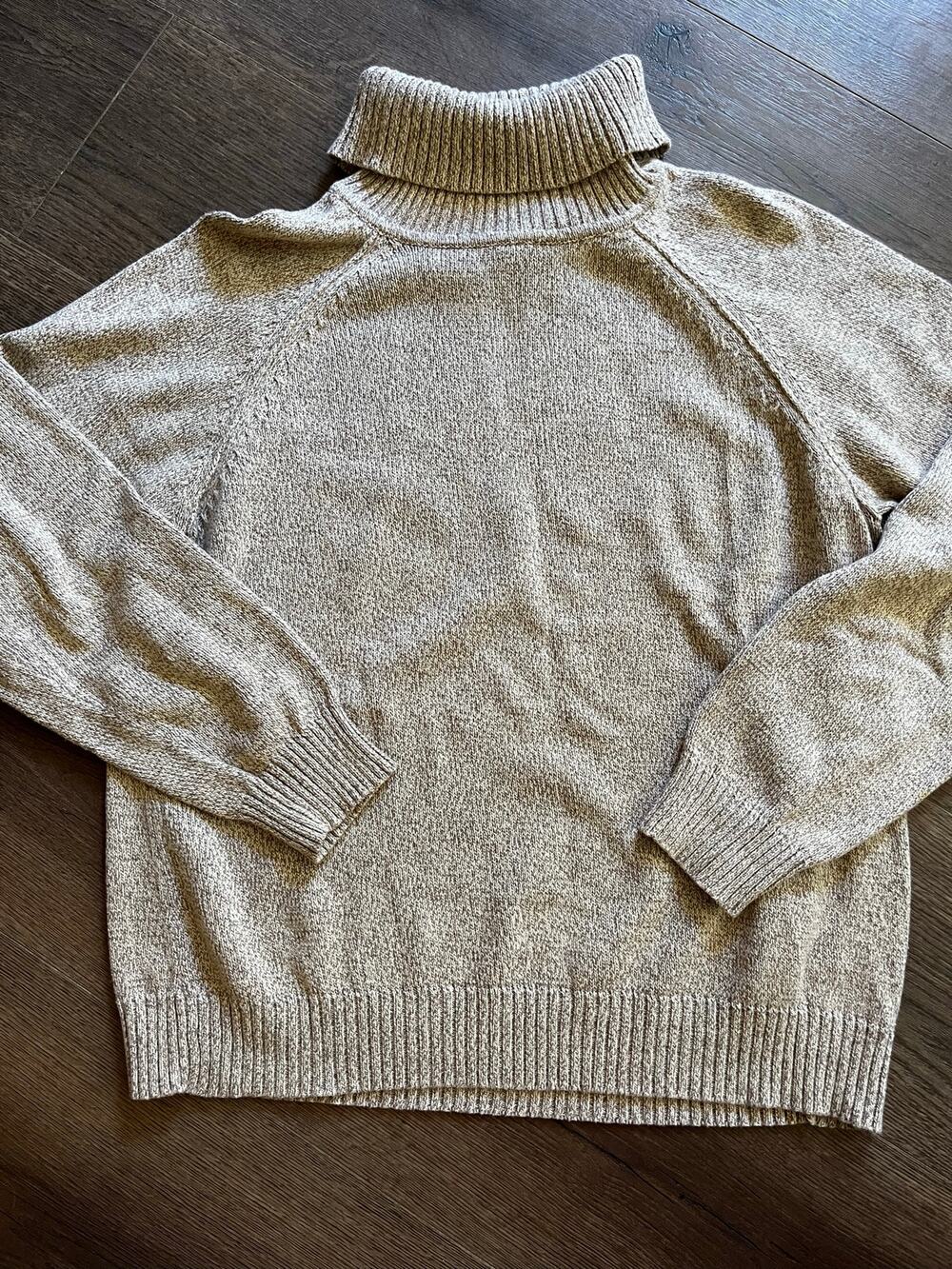Karen Scott Large 100% Cotton Turtleneck Sweater Beige Marled Raglan Knit